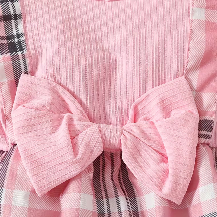 2PCS Chic Plaid Print Bow Decor Long Sleeve Baby Girl Jumpsuit
