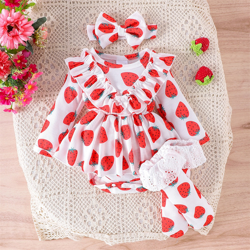 3PCS Strawberry Printed Ruffled Long Sleeve Baby Romper