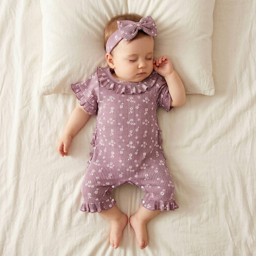2PCS Sweet All-over Daisy Print Short Sleeve Baby Jumpsuit