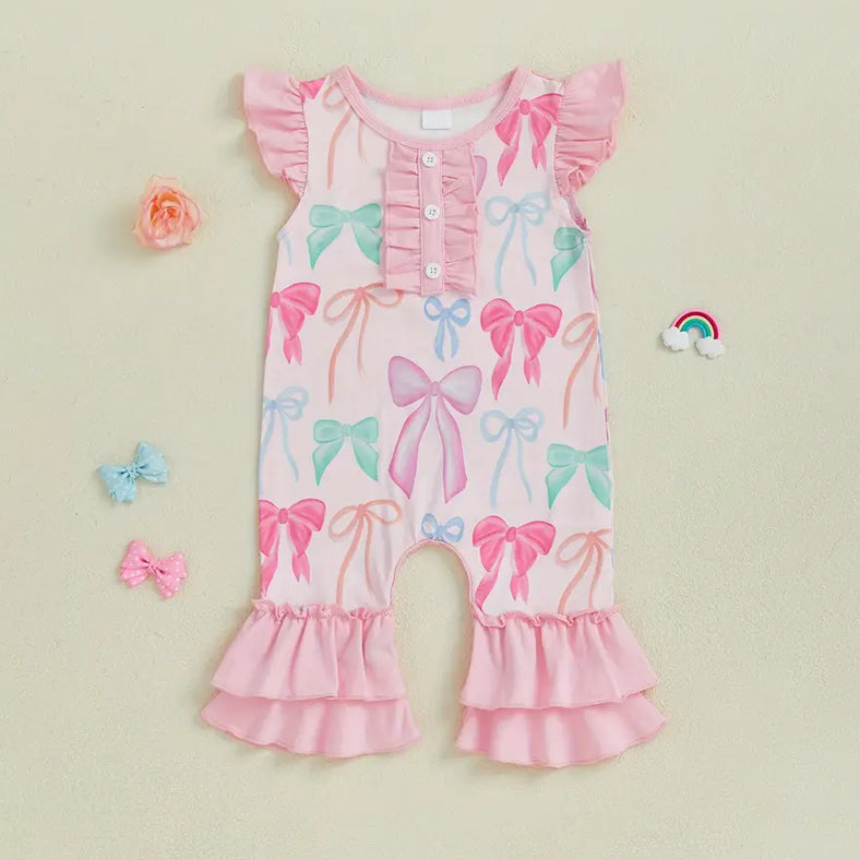 Summer Casual Bow Printed Crew Neck Fly Sleeve Baby Jumpsuit