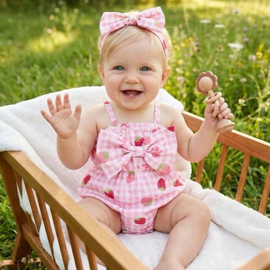 2PCS Cute Strawberry & Plaid Print Sleeveless  Baby Romper