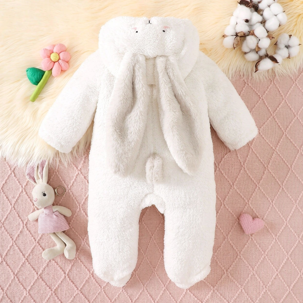 Cute 3D Ear Rabbit with Carrot Pocket Fuzzy Zipper Hoodie Baby Jumpsuit