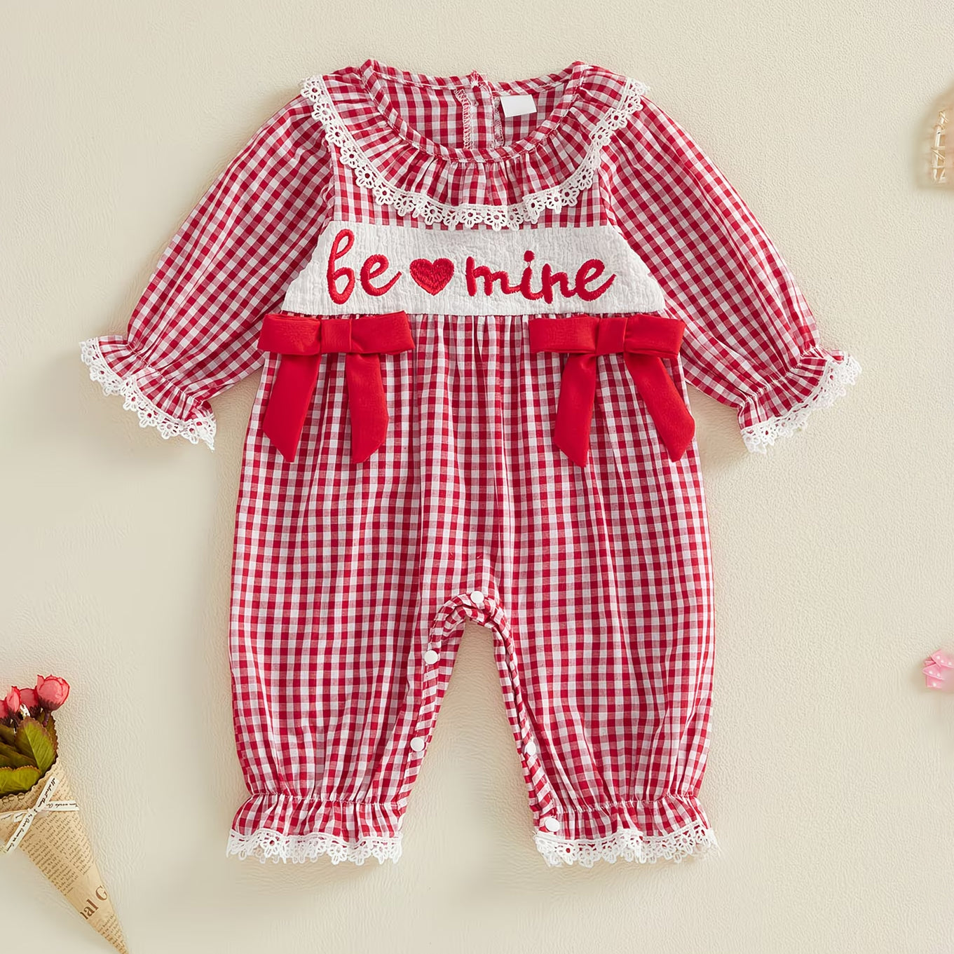 Lovely Be Mine Letter Plaid Print Baby Jumpsuit