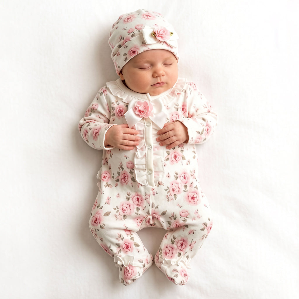 2PCS Cheerful Floral Print Ruffle Long Sleeve Baby Jumpsuit