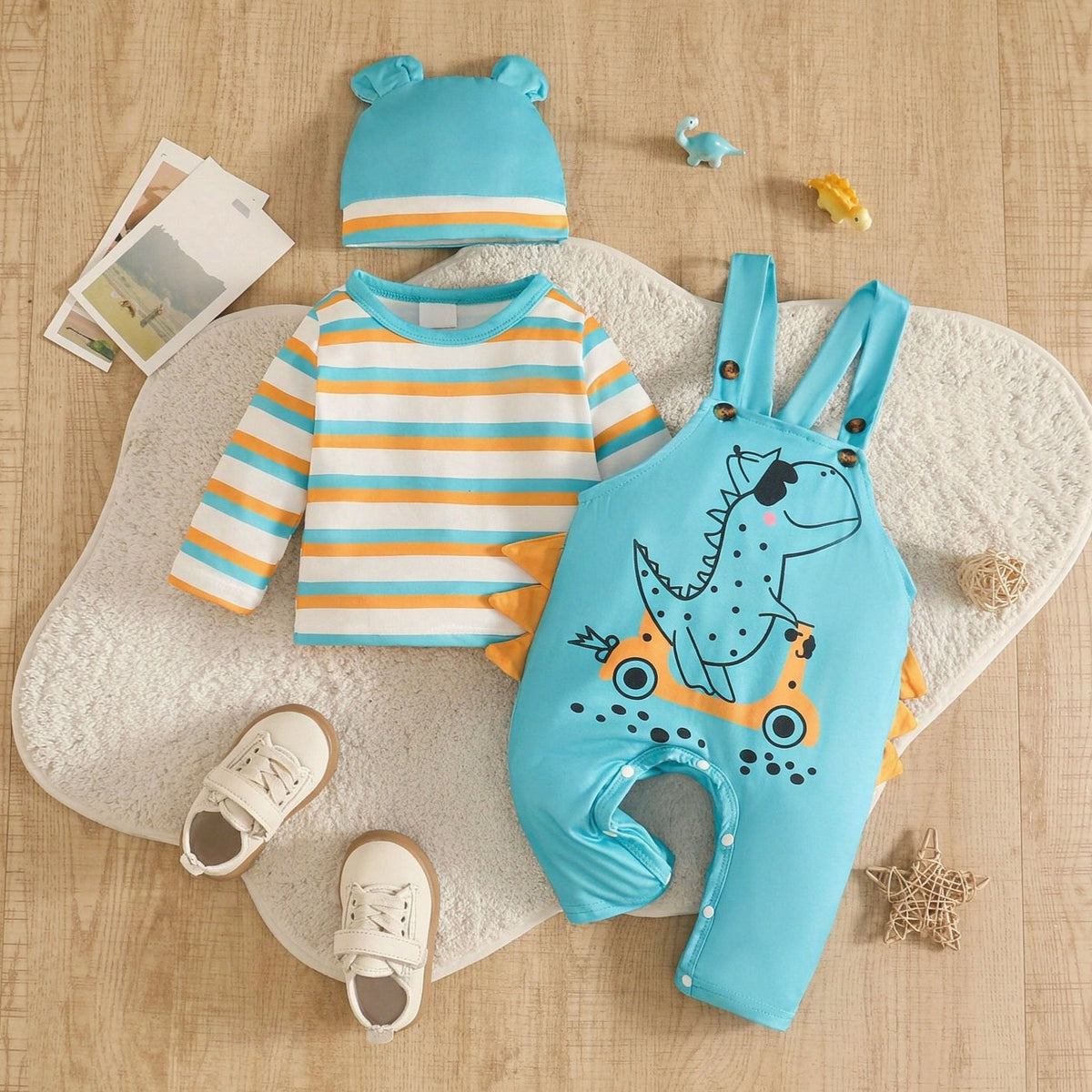 3PCS Dinosaur and Stripe Print Long Sleeve Baby Boy Overalls Set