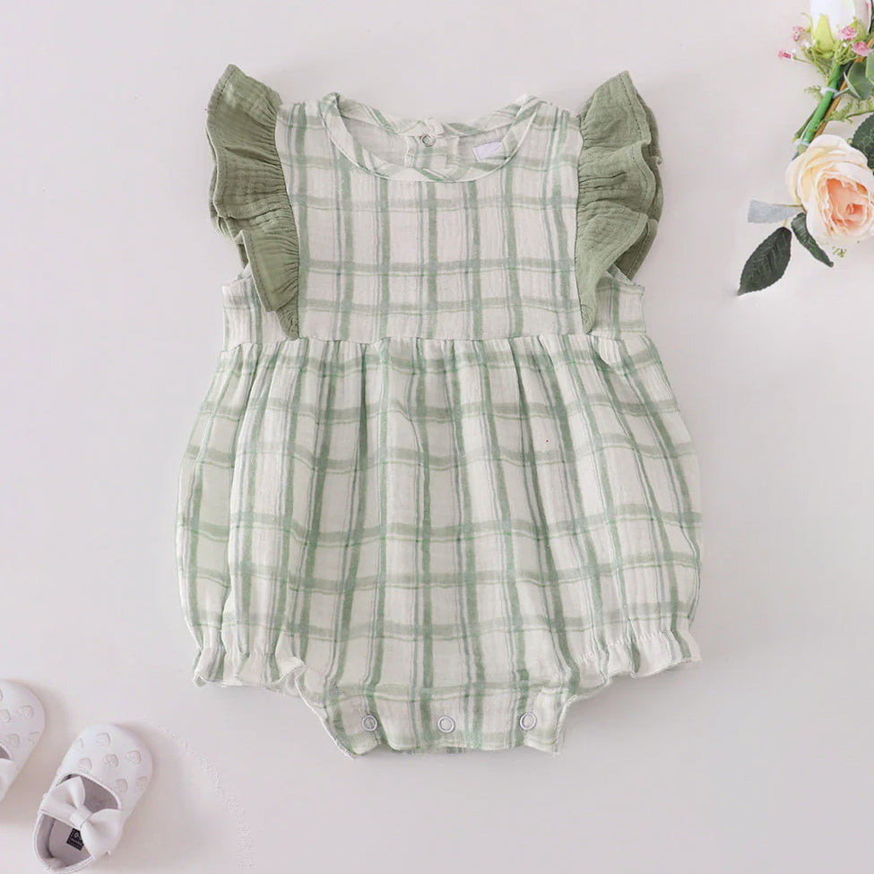 Lovely Plaid Print Ruffle Sleeveless Baby Romper
