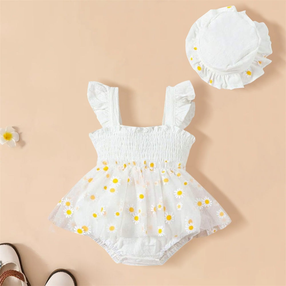 2PCS Summer Floral Embroidery Fly Sleeve Baby Romper