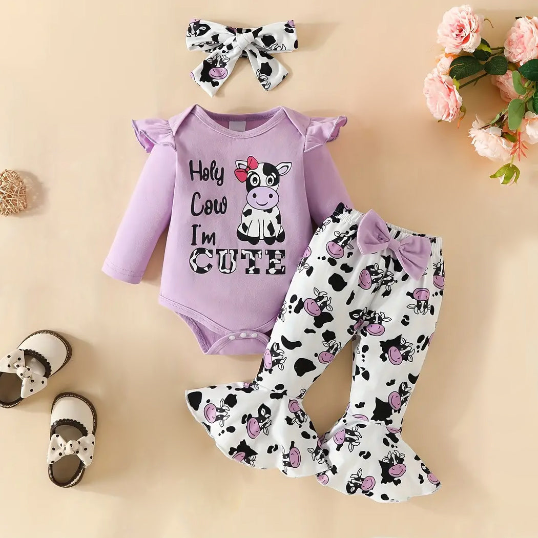 3PCS Cute Cow Printed Long Sleeve Flared Trousers Baby Set