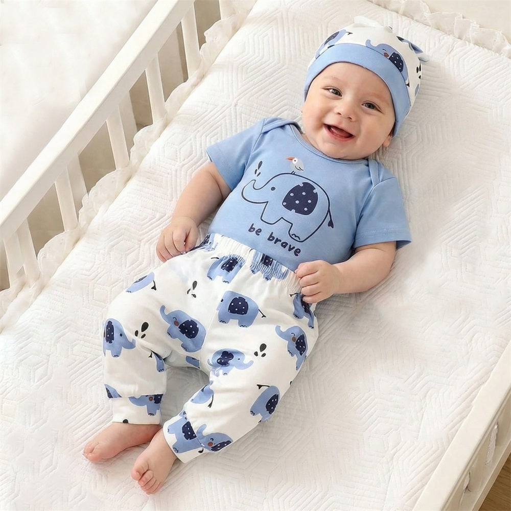 3PCS Cute Elephant Print Long Sleeve Baby Boy Set