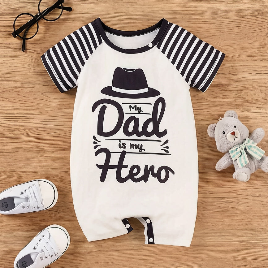 Dad Is My Hero Letter Stripe Printed Baby Jumpsuit