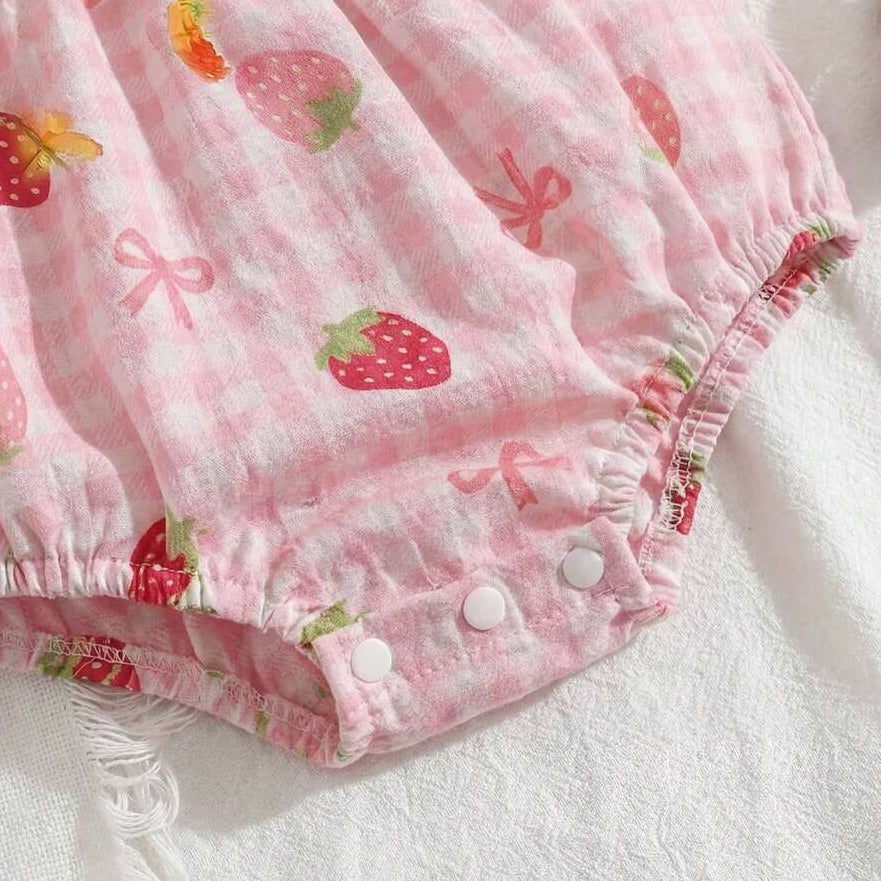 2PCS Cute Strawberry & Plaid Print Sleeveless  Baby Romper