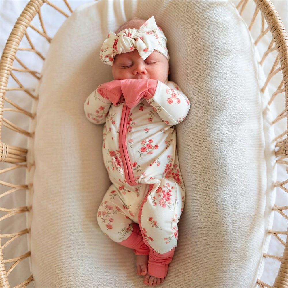 2PCS Comfy Floral Printed Long Sleeve Baby Girl Jumpsuit