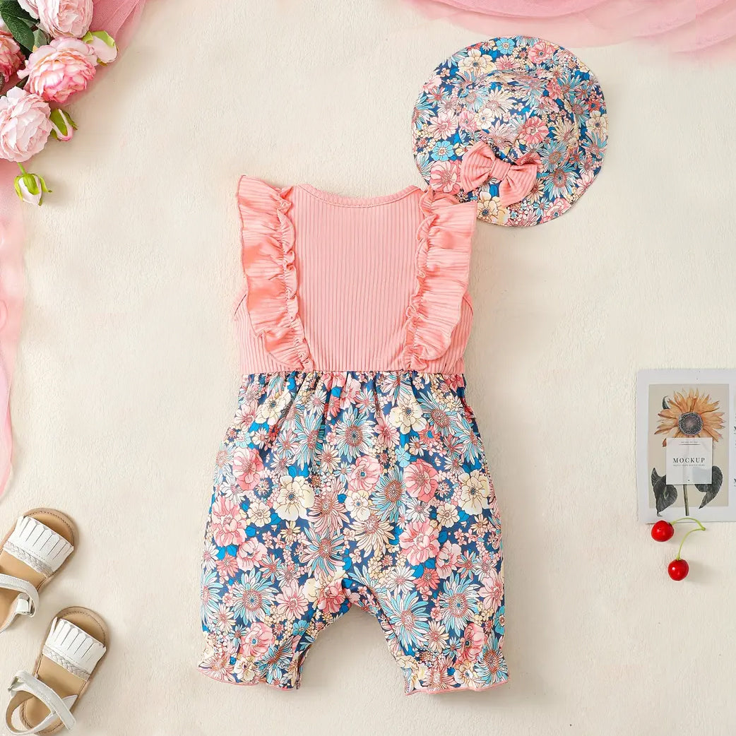 2PCS Lovely Floral Printed Ruffle Sleeveless Baby Jumpsuit