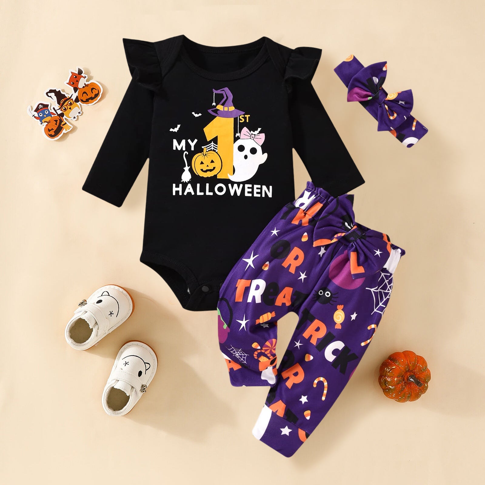 3PCS Halloween Letter Ghost Printed Long Sleeve Baby Set