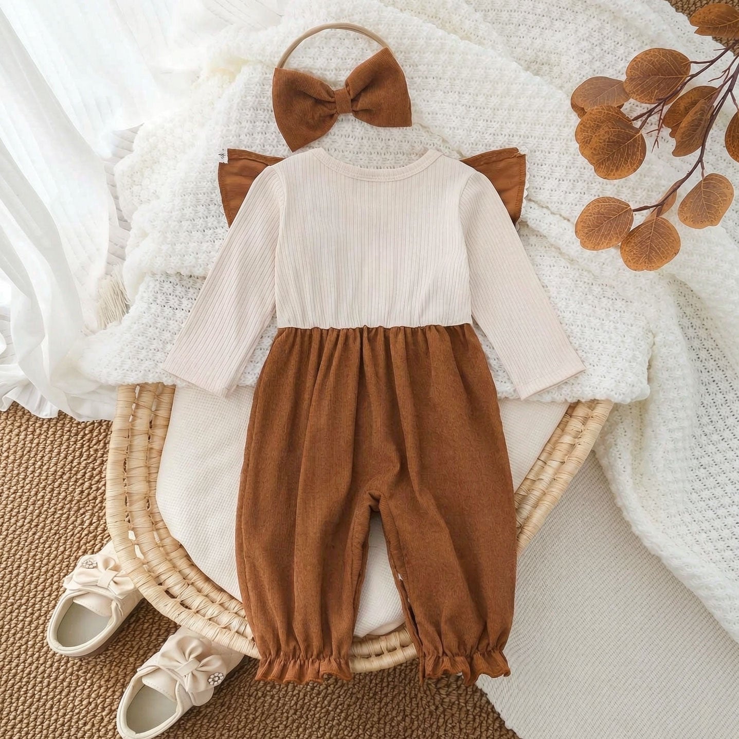 2PCS Pretty Bow Printed Long Sleeve Baby Girl Jumpsuit