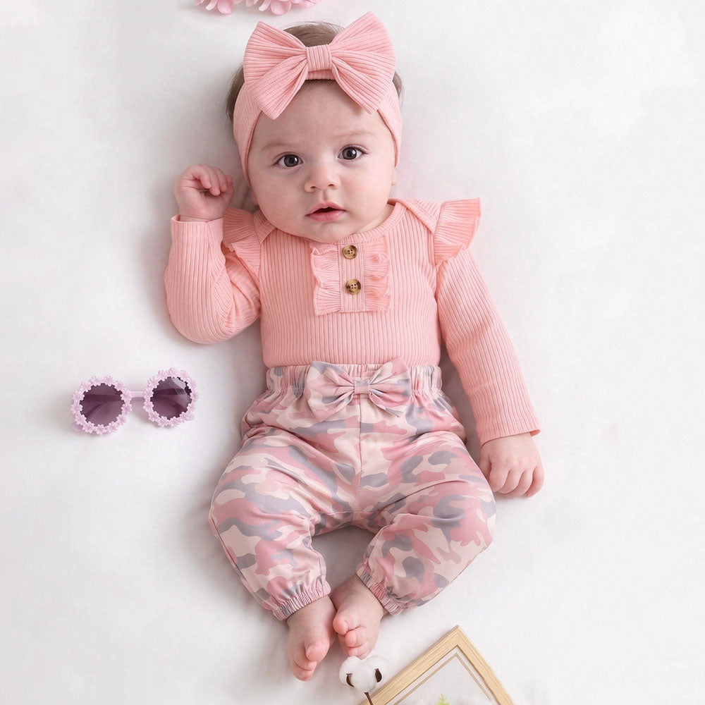 3PCS Casual Camouflage Printed Long Sleeve Baby Girl Set