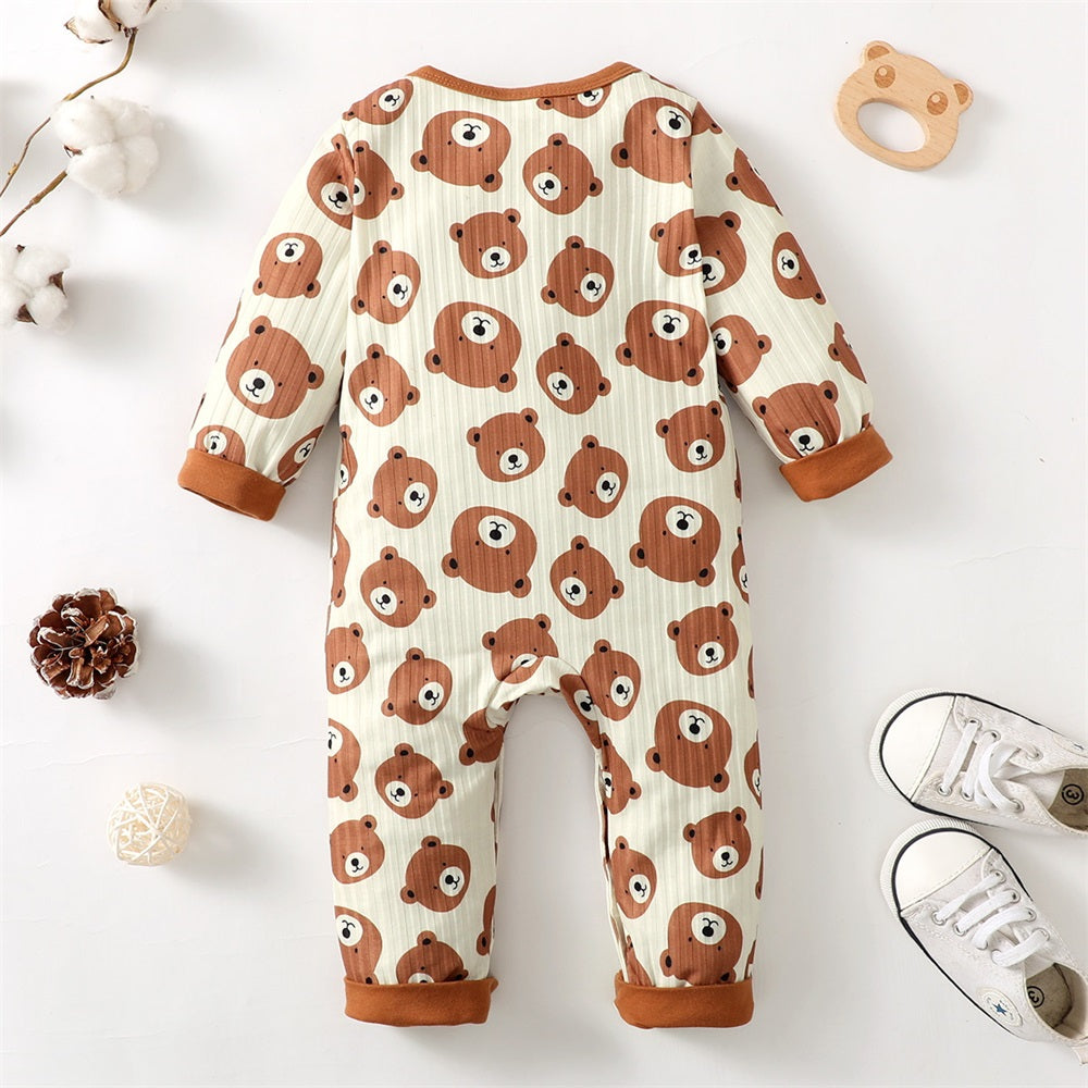 Cute Casual Bear Print Long Sleeve Baby Jumpsuit