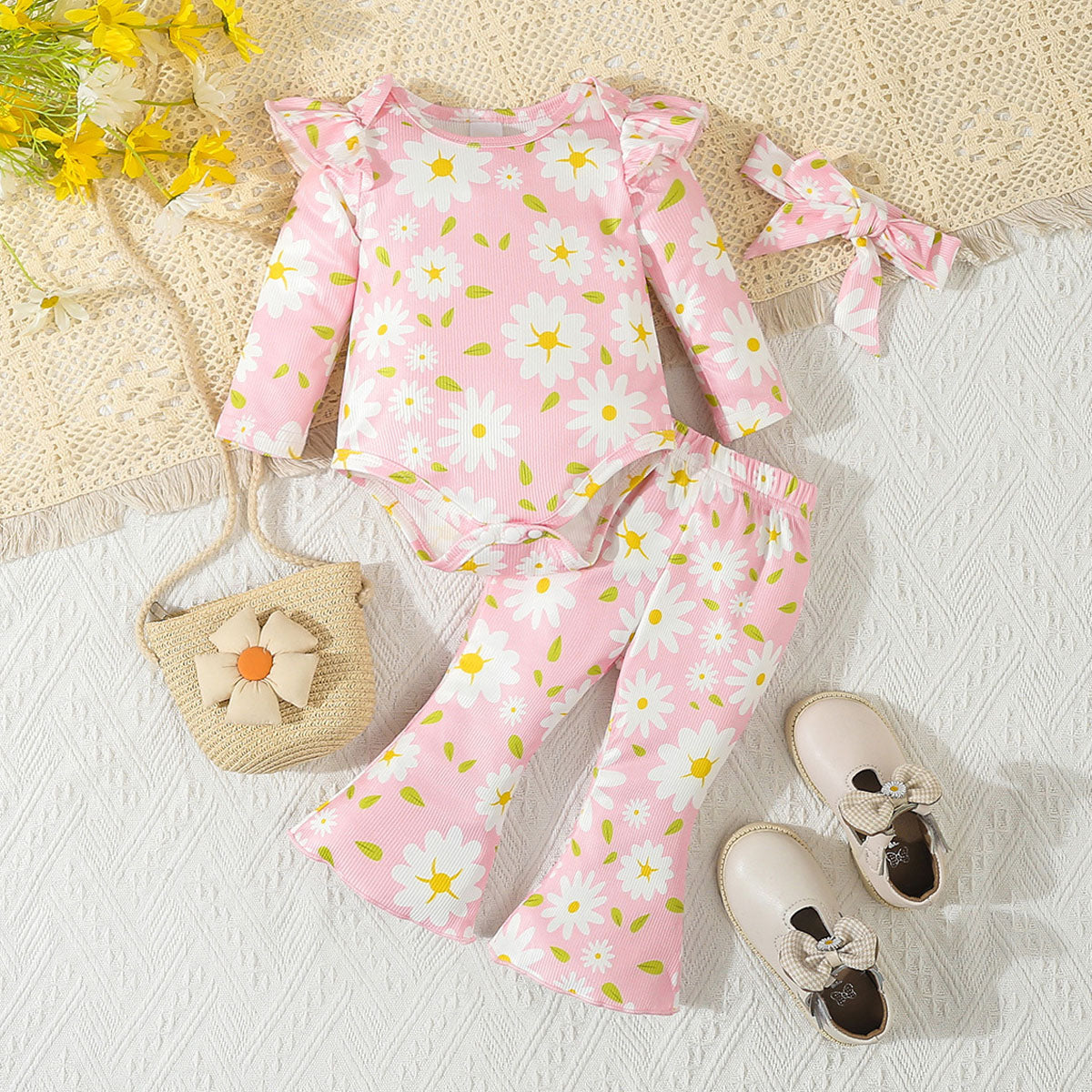 3PCS Sweet Cute Floral Print Long Sleeve Baby Set
