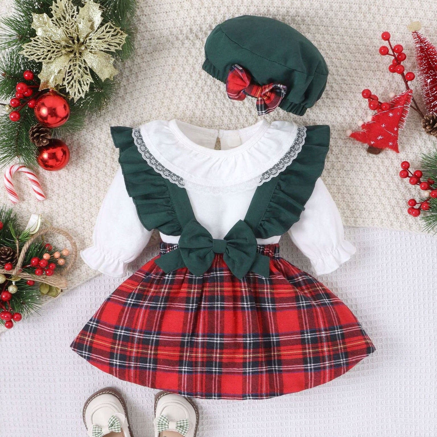 3PCS Christmas Classic Tartan Plaid Print Long Sleeve Baby Set