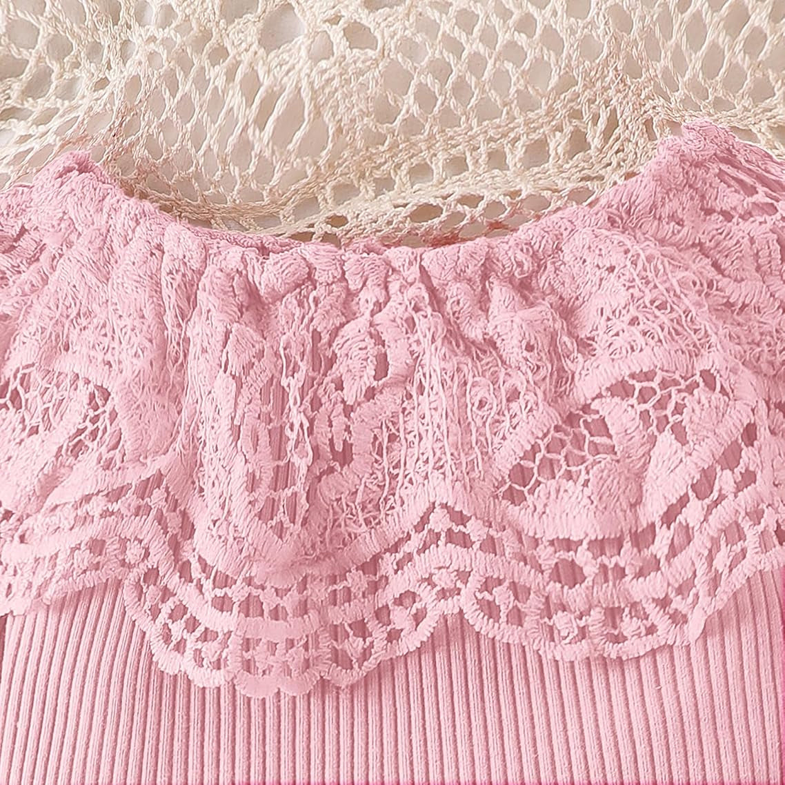 2PCS Charming Baby Girl Lace Eyelet Long Sleeve Denim Set