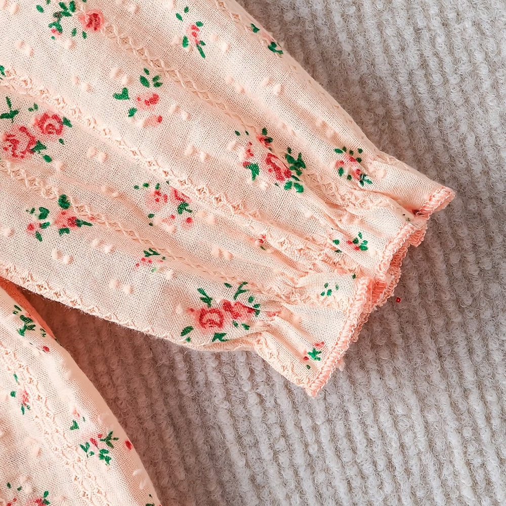 2PCS Delightful Baby Girl Floral Print Bow Long Sleeve Jumpsuit