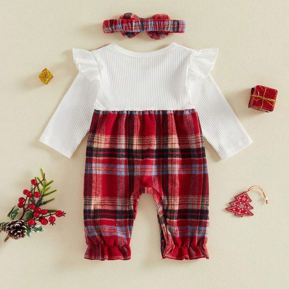 2PCS Chic Color Block Plaid Printed Long Sleeve Baby Girl Jumpsuit