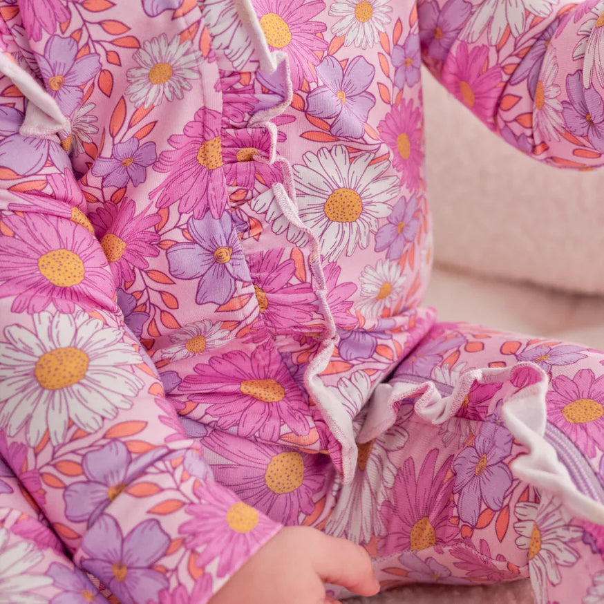 2PCS Gorgeous Floral Print Ruffle Zipper Baby Jumpsuit