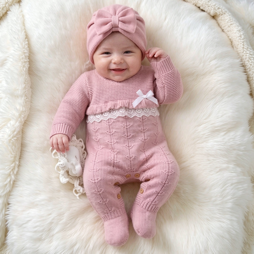 Cozy Solid Color Lace Knitted Long Sleeve Baby Girl Jumpsuit