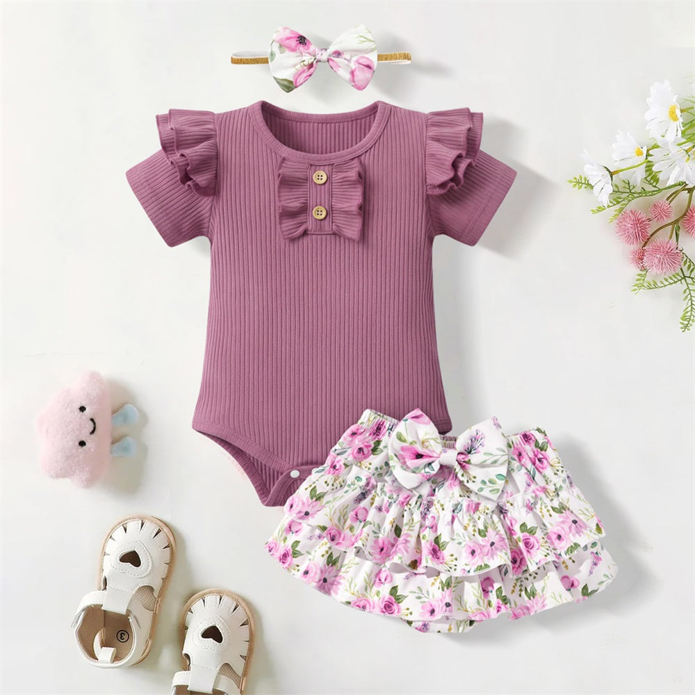 3PCS Summer Stylish Floral Printed Bow Short Sleeve Baby Set