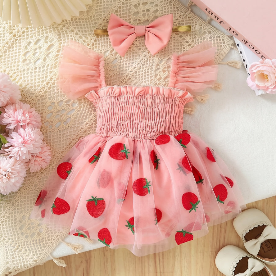 2PCS Pretty Strawberry Printed Flounce Sleeve Tulle Baby Romper