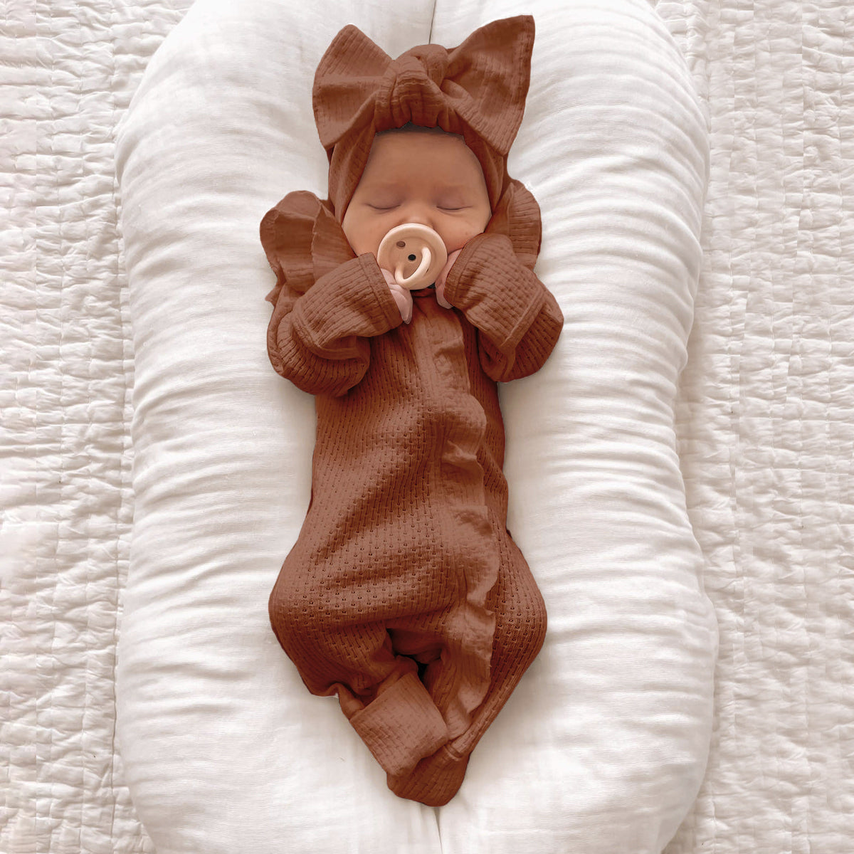 2PCS Comfy Solid Color Long Sleeve Ruffle Decor Baby Jumpsuit