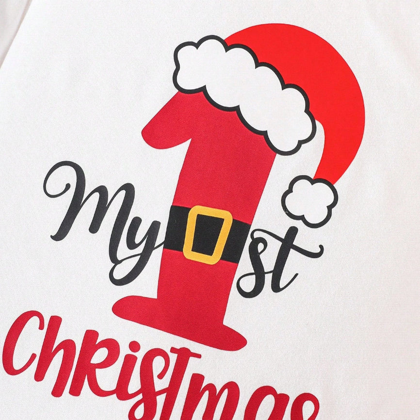 2PCS My 1st Christmas Letter Print Long Sleeve Baby Jumpsuit