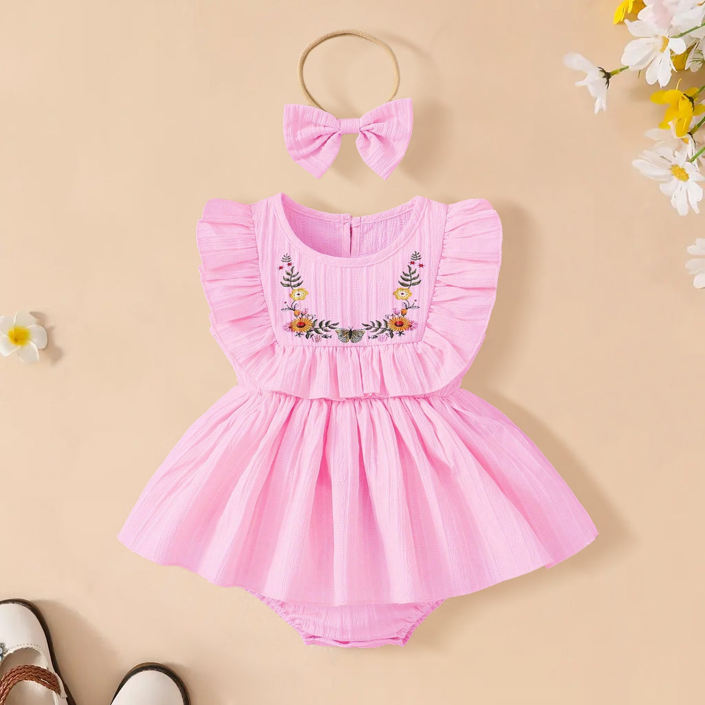 2PCS Quirky Floral Embroidery Sleeveless Baby Romper