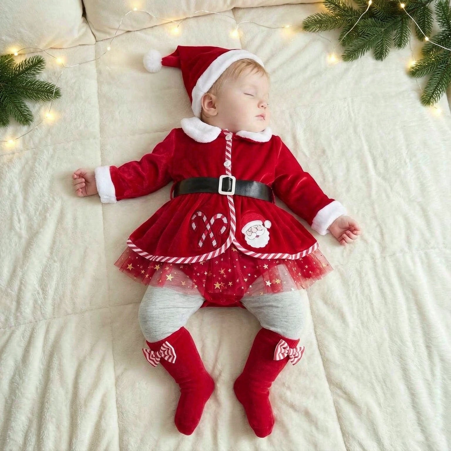 3PCS Christmas Santa Claus Printed Tulle Long Sleeve Baby Romper