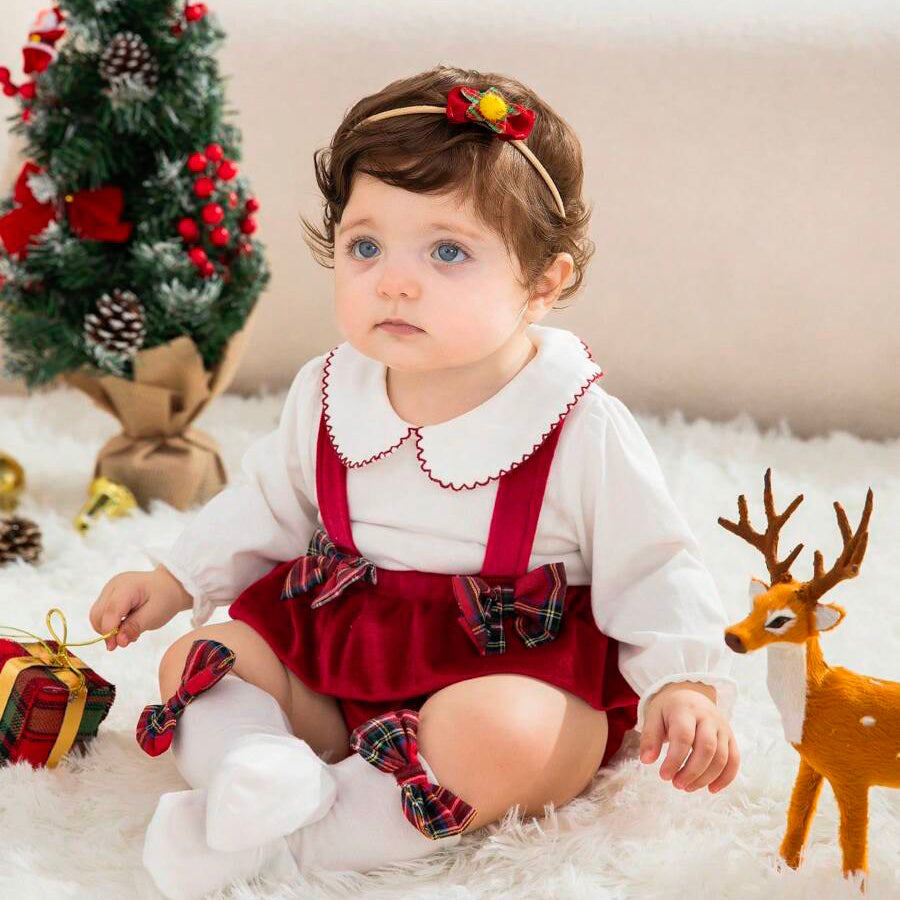 3PCS Solid Color Cute Bow Overalls Baby Set