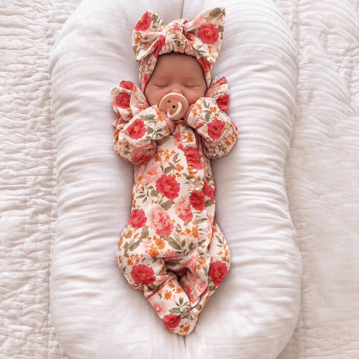 2PCS Cozy Baby Girl Floral Print Ruffle Long Sleeve Zipper Jumpsuit