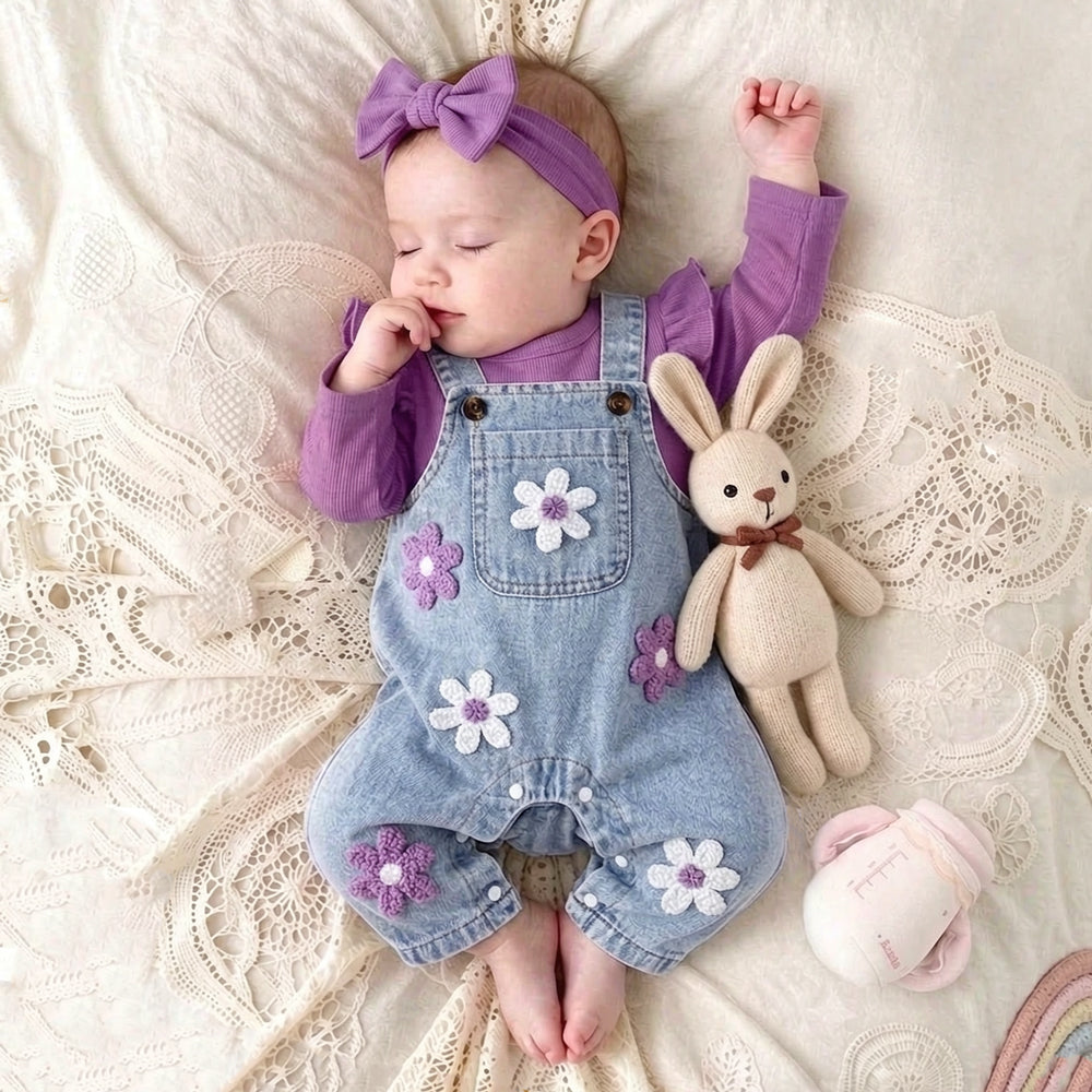 2PCS Charming Floral Applique Long Sleeve Baby Denim Overalls Set
