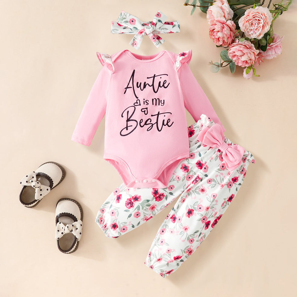 3PCS Lovely Auntie Is My Bestie Letter Floral Print Baby Set