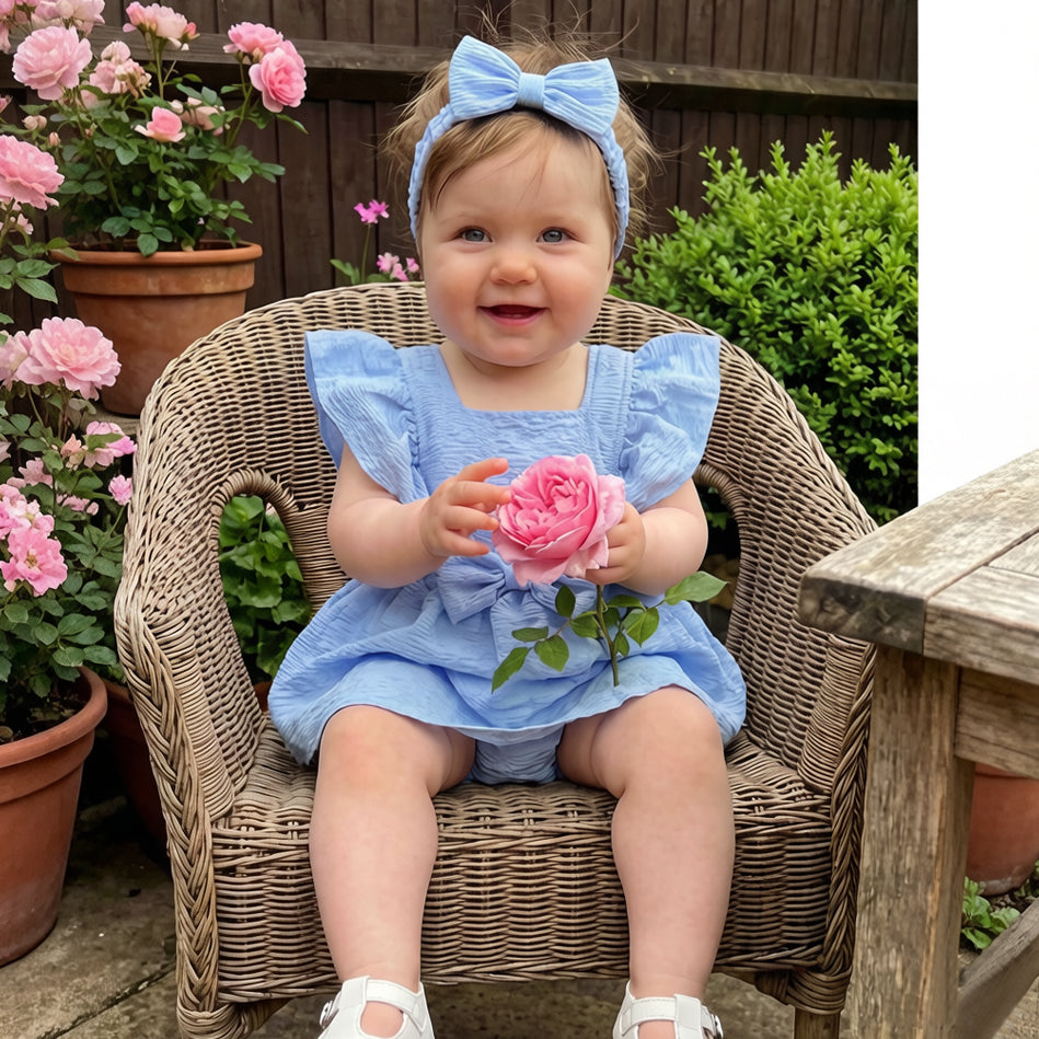 2PCS Cozy Solid Color Bowknot Flutter Sleeve Baby Romper