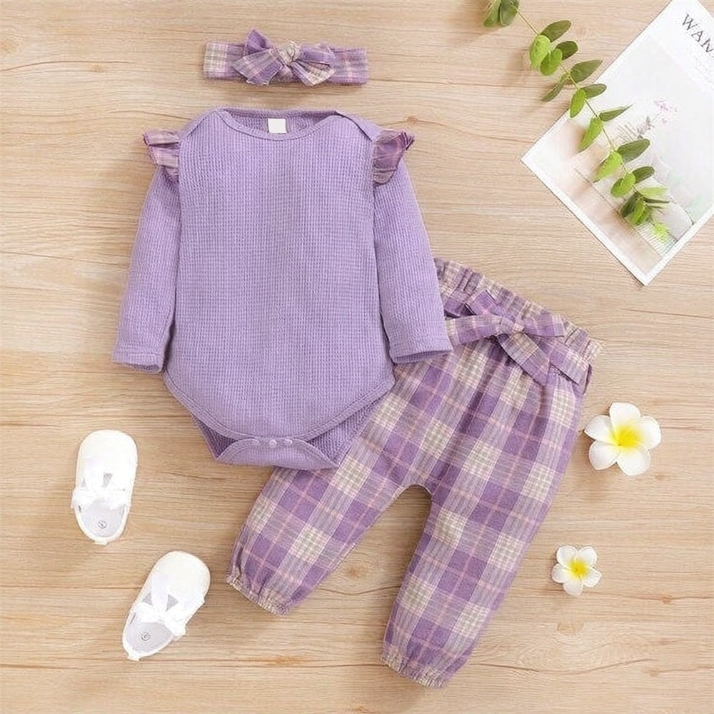 3PCS Refined Plaid Printed Long Sleeve Baby Girl Set