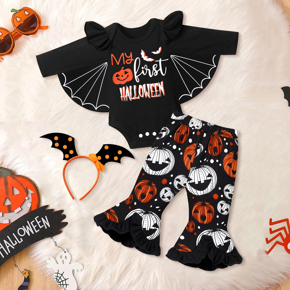 3PCS My First Halloween Letter Printed Batwing Long Sleeve Baby Set