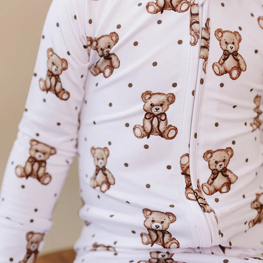 Cozy Teddy Bear Polka Dots Print Zipper Long Sleeve Baby Jumpsuit