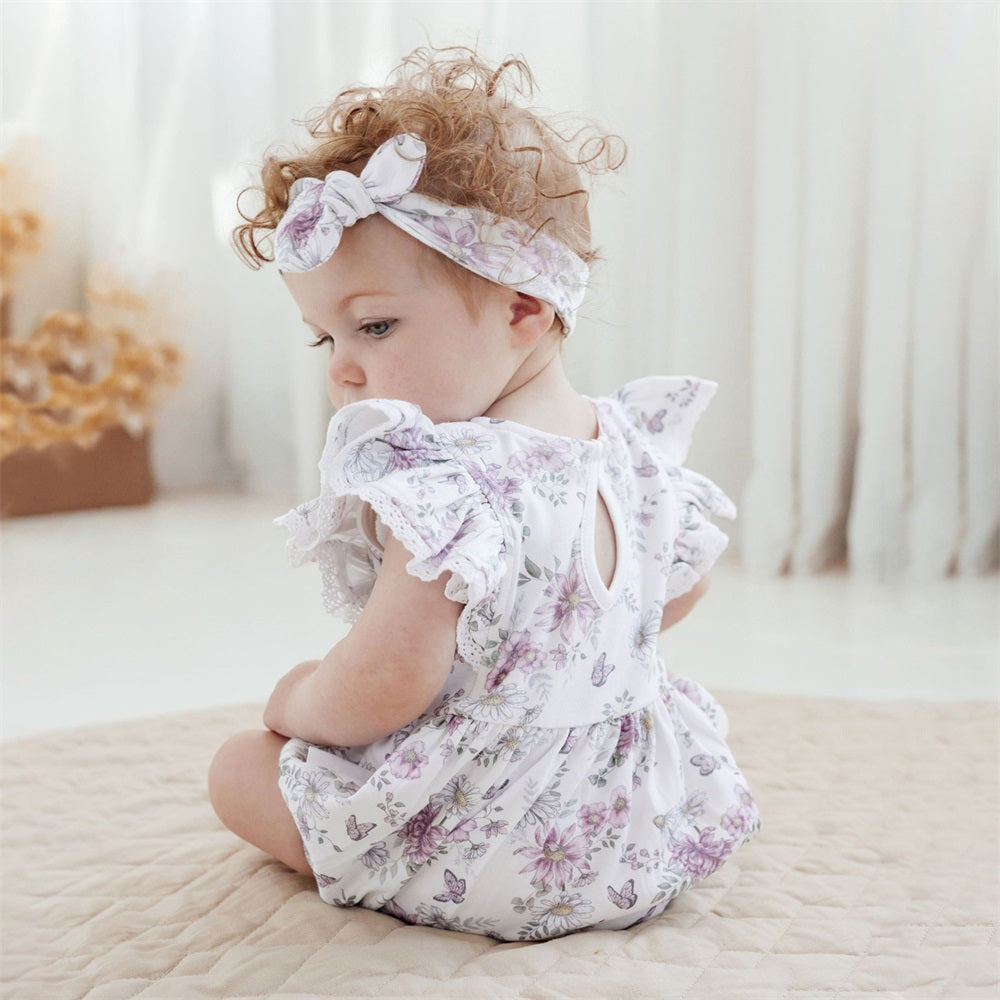 2PCS Stylish Floral Printed Fly Sleeve Baby Romper