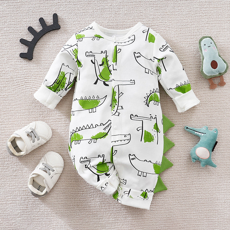 Cute Little Crocodile Printed Long Sleeve Baby Jumpsuit