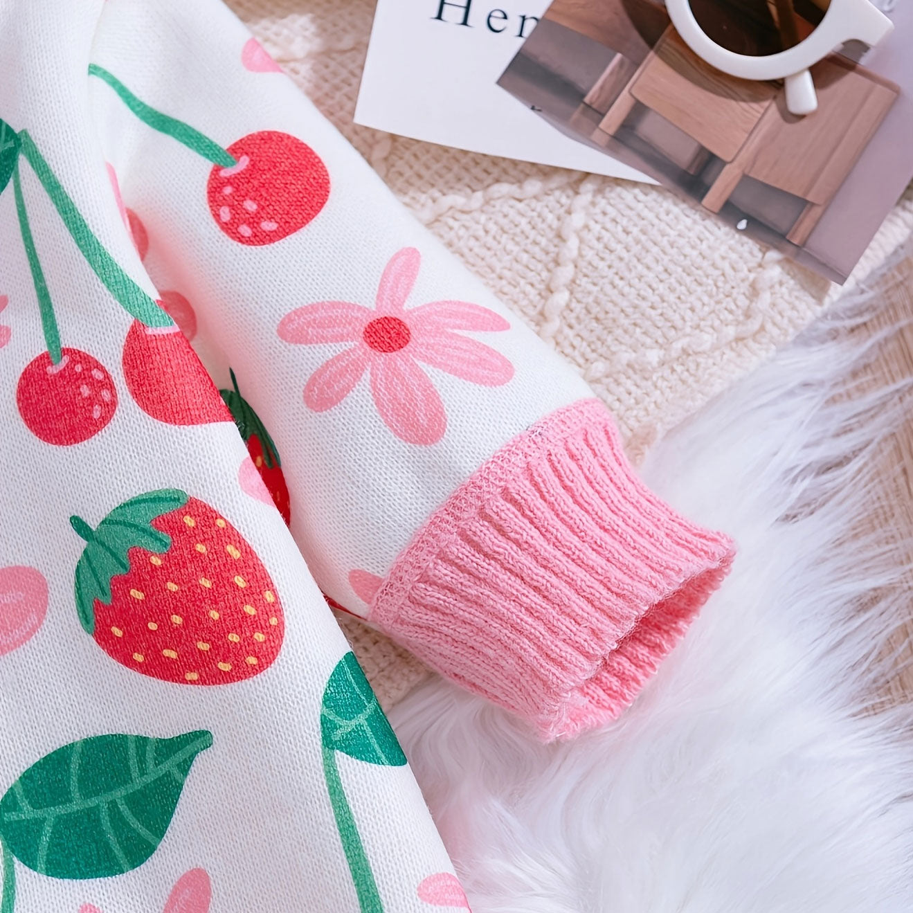 Sweet Strawberry Floral Printed Knit Long Sleeve Baby Jumpsuit