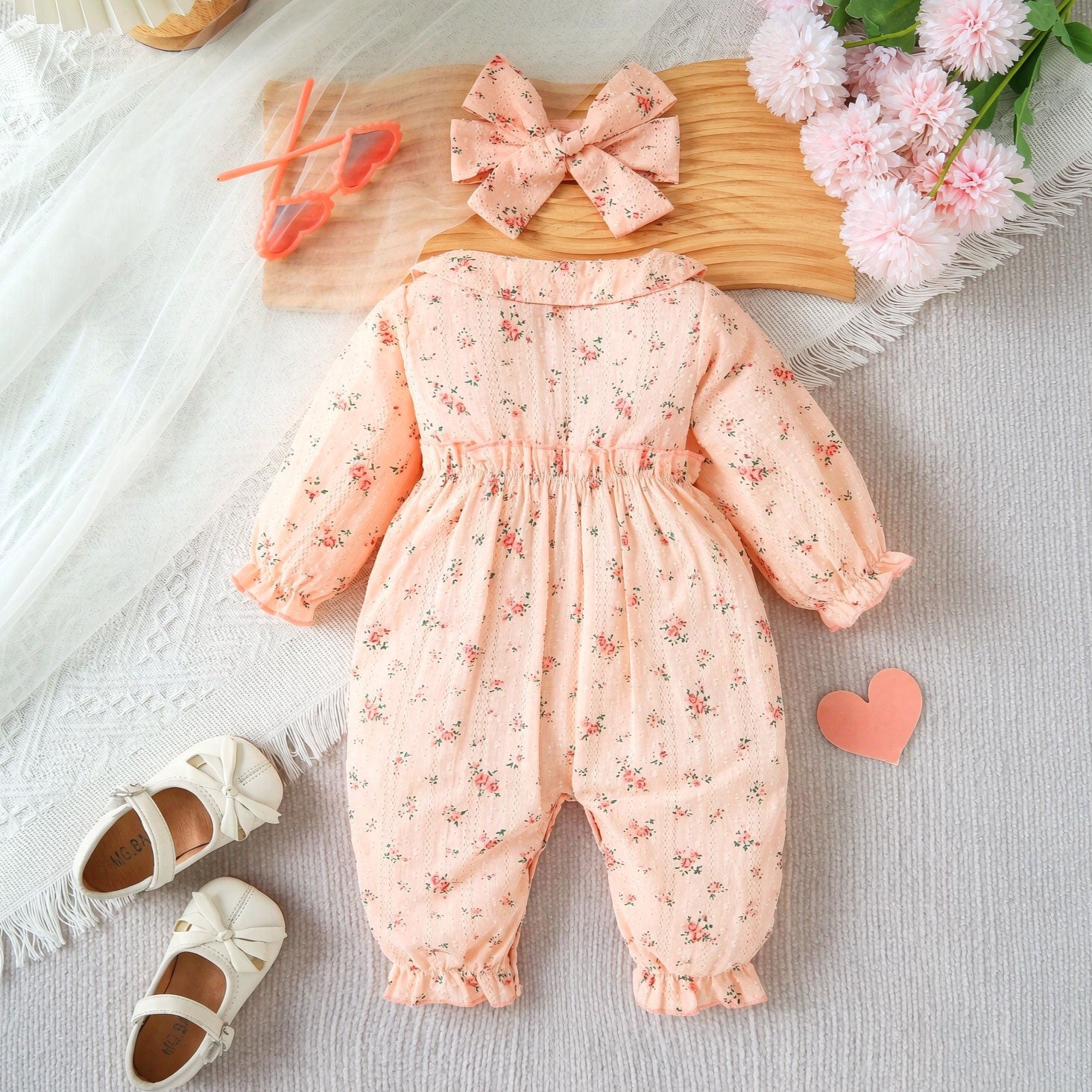 2PCS Exquisite Allover Floral Printed Long Sleeve Baby Jumpsuit