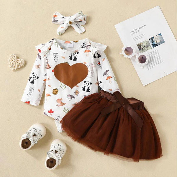 3PCS Heart Animal Printed Baby Skirt Set