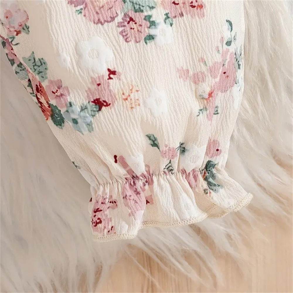 2PCS Floral Print Bow Decor Long Sleeve Baby Jumpsuit
