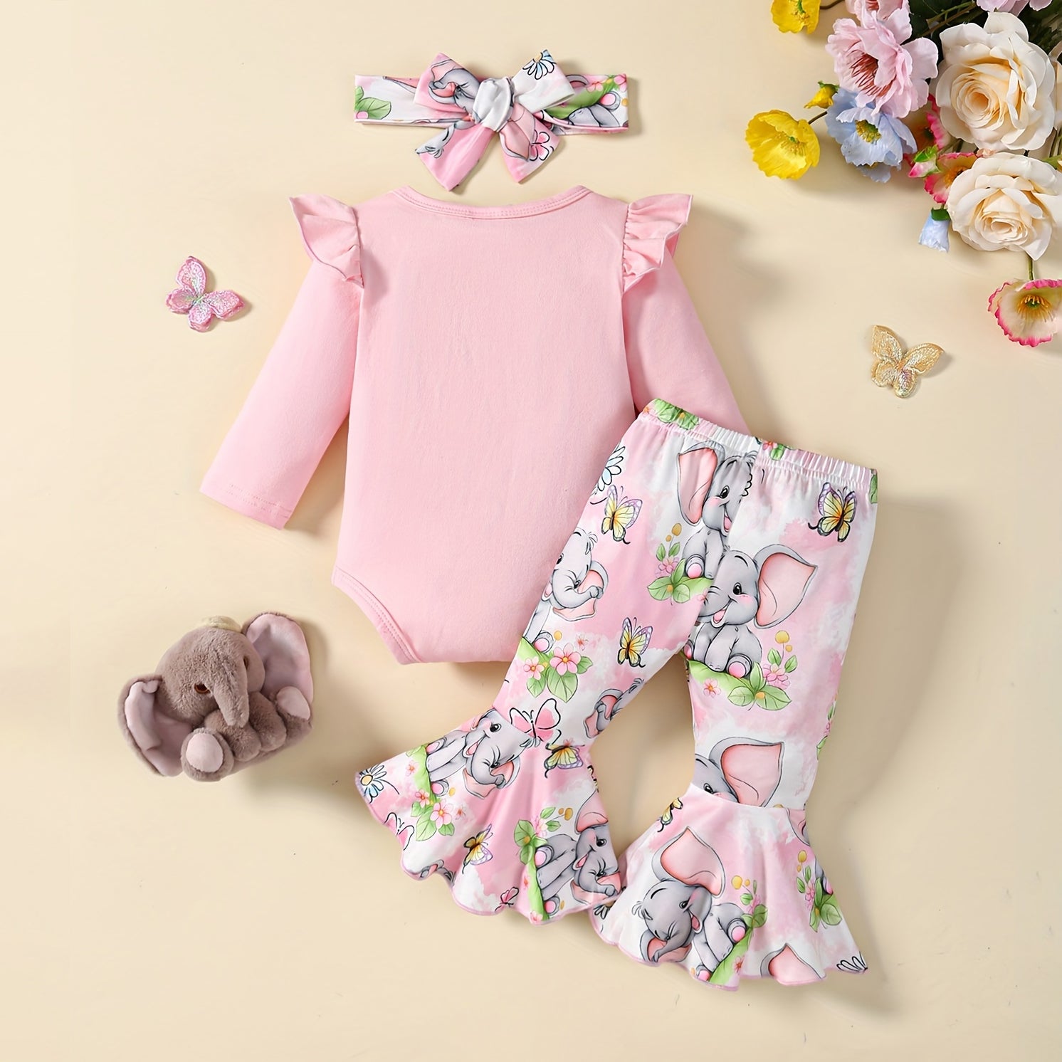 3PCS Sweet Elephant Floral Printed Long Sleeve Baby Set