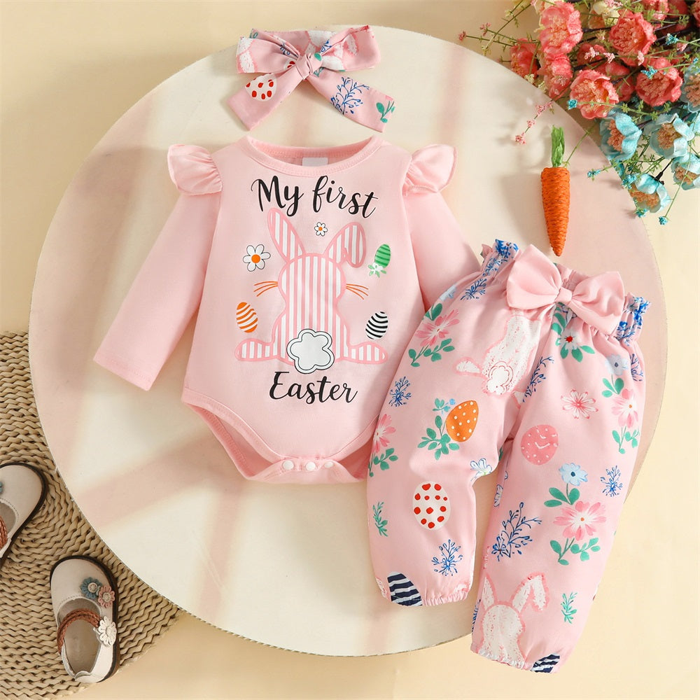 3PCS My First Easter Letter Rabbit Print Long Sleeve Baby Set